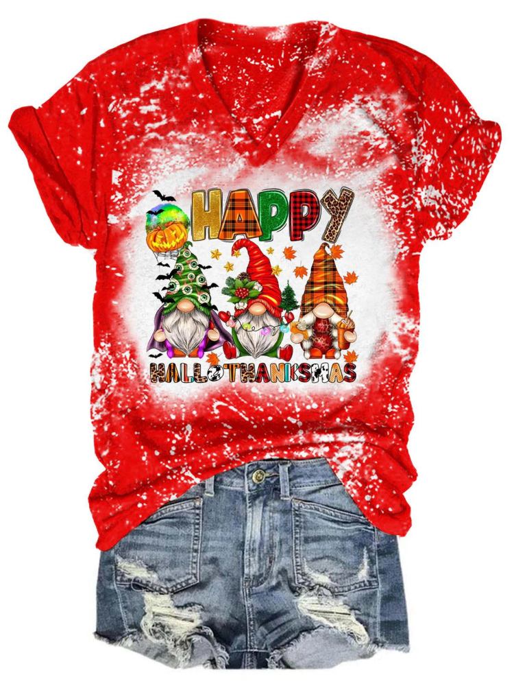 Happy Hallothanksmas Gnomes Tie Dye V Neck T-Shirt