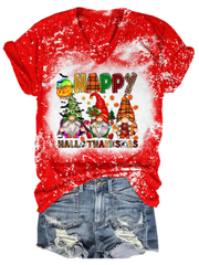 Happy Hallothanksmas Gnomes Tie Dye V Neck T-Shirt