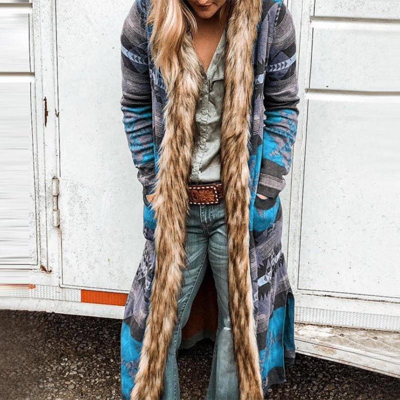 Western Style Retro Fur Collar Long Cardigan Jacket
