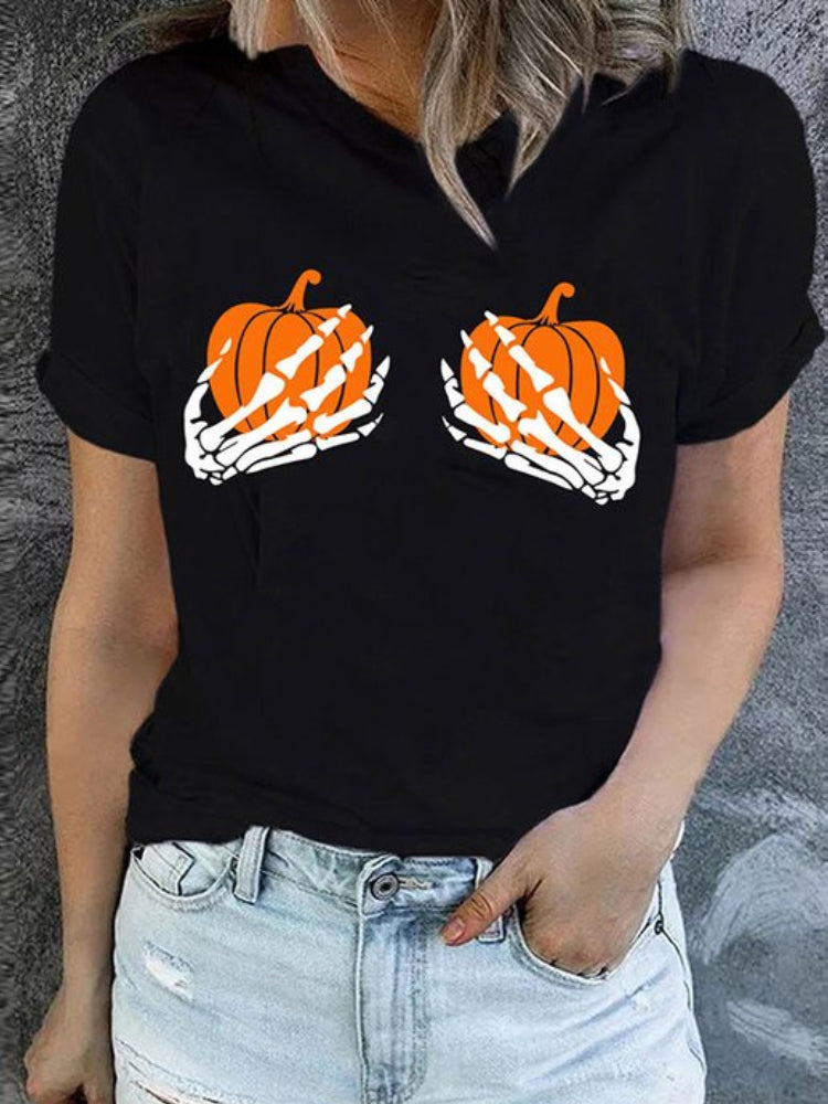 Halloween Skull Hand Pumpkin Print Casual Short Sleeve T Shirt