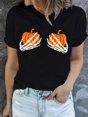 Halloween Skull Hand Pumpkin Print Casual Short Sleeve T Shirt