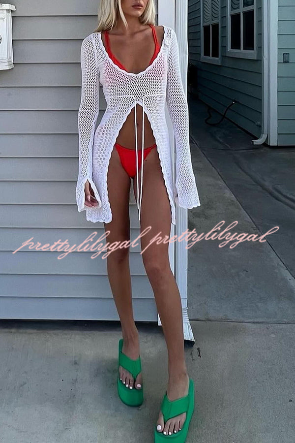 Elegant Knitted Cutout V Neck Lace Up Long Sleeves Cover Ups