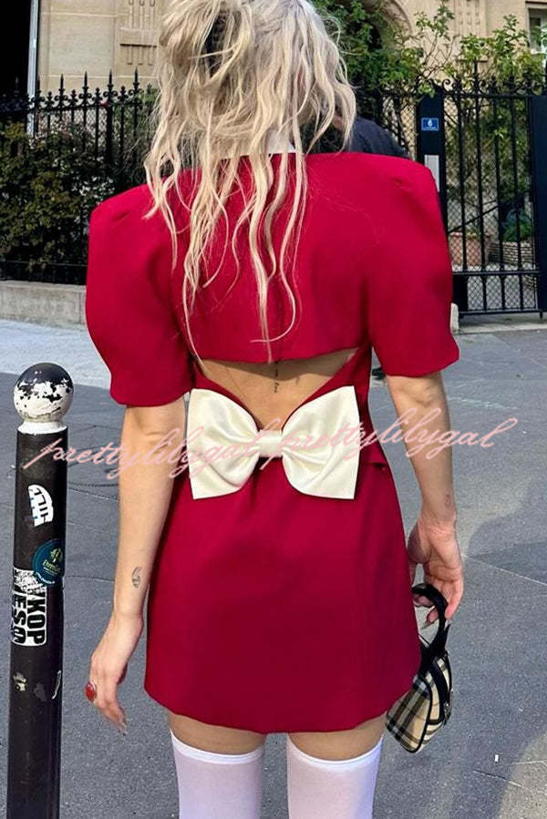 Stylish Contrast Lapel Backless Bow Shirt Style Pocket Mini Dress