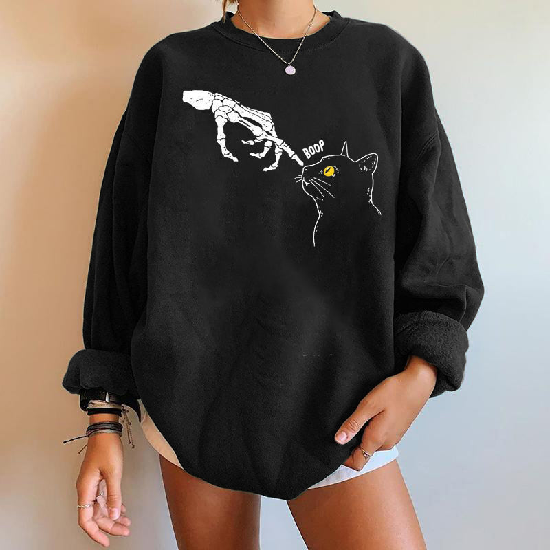 Skull Cat Print Long Sleeve Sweatshirt