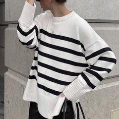 Black and White Striped Loose Sweater