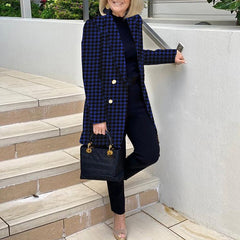Casual Mid Length Houndstooth Print Suit Collar Woolen Coat