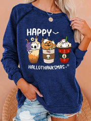 Happy Hallothanksmas Coffee Print Casual Sweatshirt