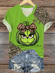 Women's Leopard Pumpkin Print V Neck T-shirt