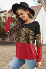 Women's Burgundy Black Colorblock Leopard Patchwork Long Sleeve Top