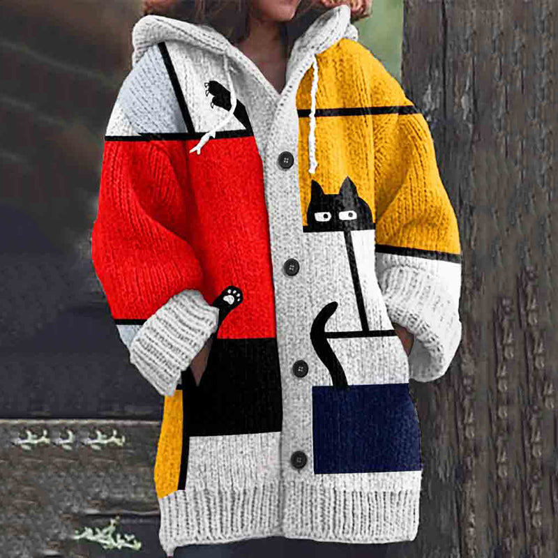 Abstract Colorblock Mondrian Cat Art Pattern Cozy Cardigan Sweater