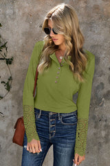 Women's Green Crochet Lace Hem Sleeve Button Casual Top