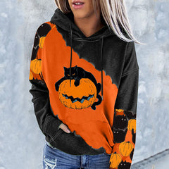 Casual Pumpkin Cat Print Hoodie