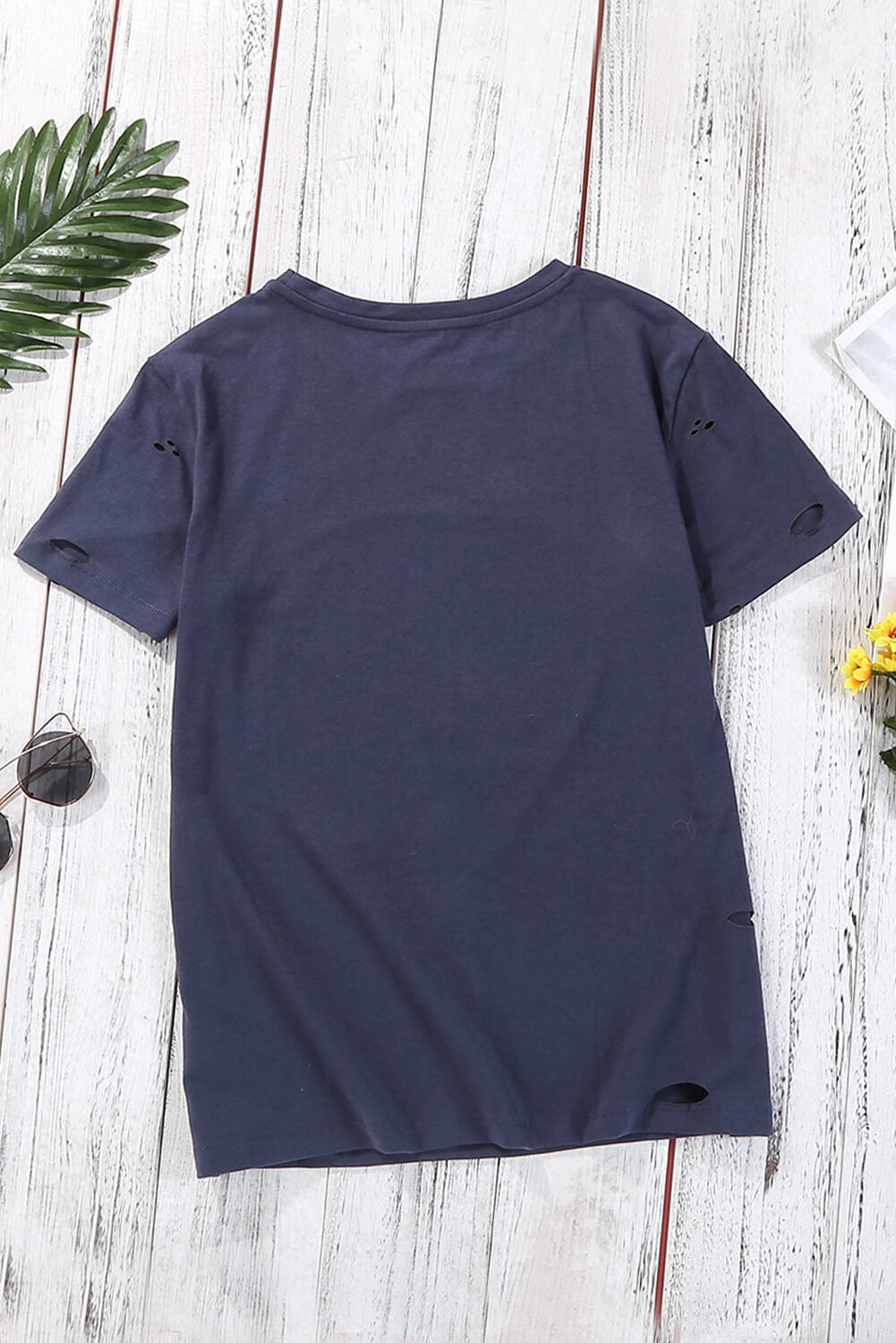 Women's Navy Leopard Lip Distressed Cotton Short Sleeve Tee
