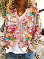 Floral Print V-Neck Knitted Cardigan