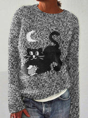 Abstract Creative Black Cat Under The Moonlight Painting Art Print Knitted Pullover Sweater