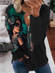 Day of the Dead Woman with Black Cat Zip Up Sweatshirt