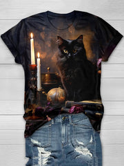 Halloween Cat Print Casual T-Shirt