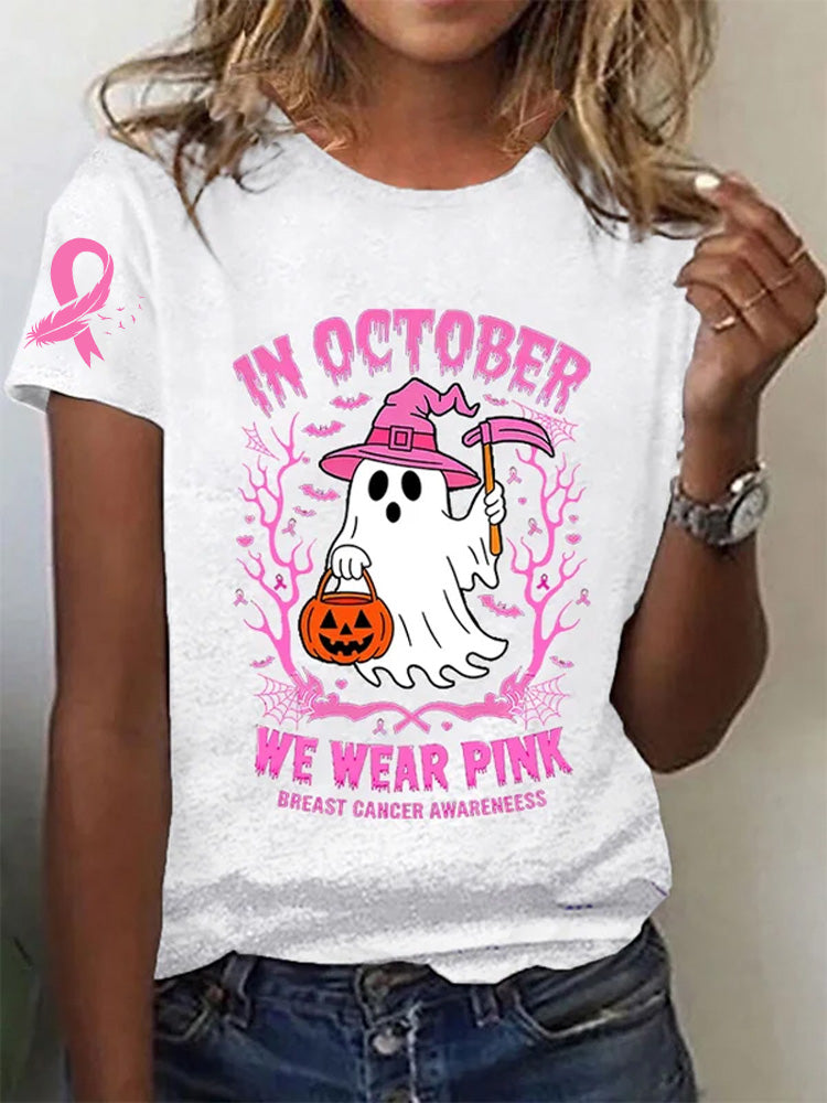 Women's In October We Wear Pink Pink Ghost Pink Ribbon Pink Pumpkin Print T-Shirt