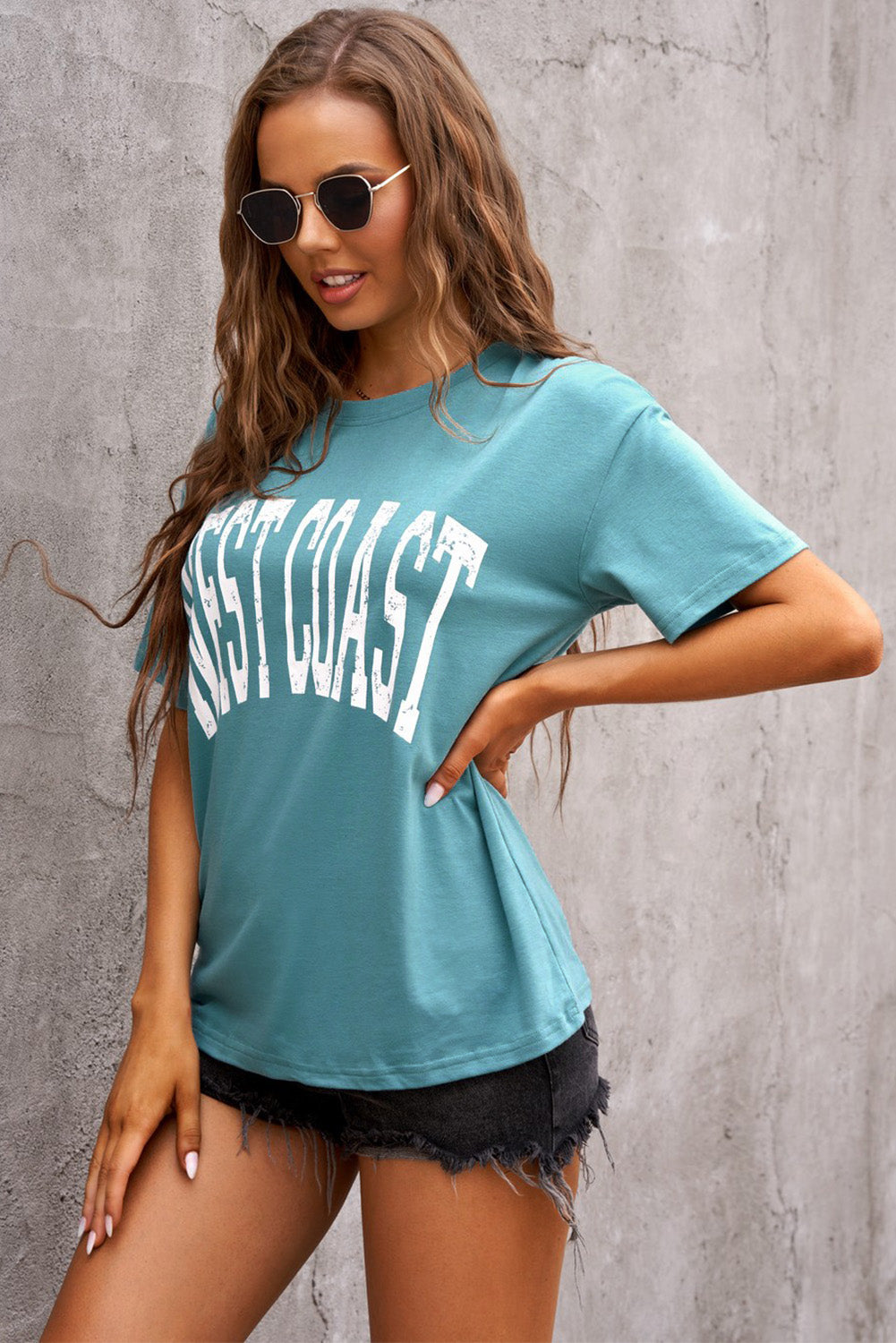 Women's Fashion Green WEST COAST Letters Graphic Oversize Tee