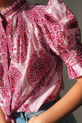 Unique Printed Stand Collar Lantern Sleeve Loose Shirt Top