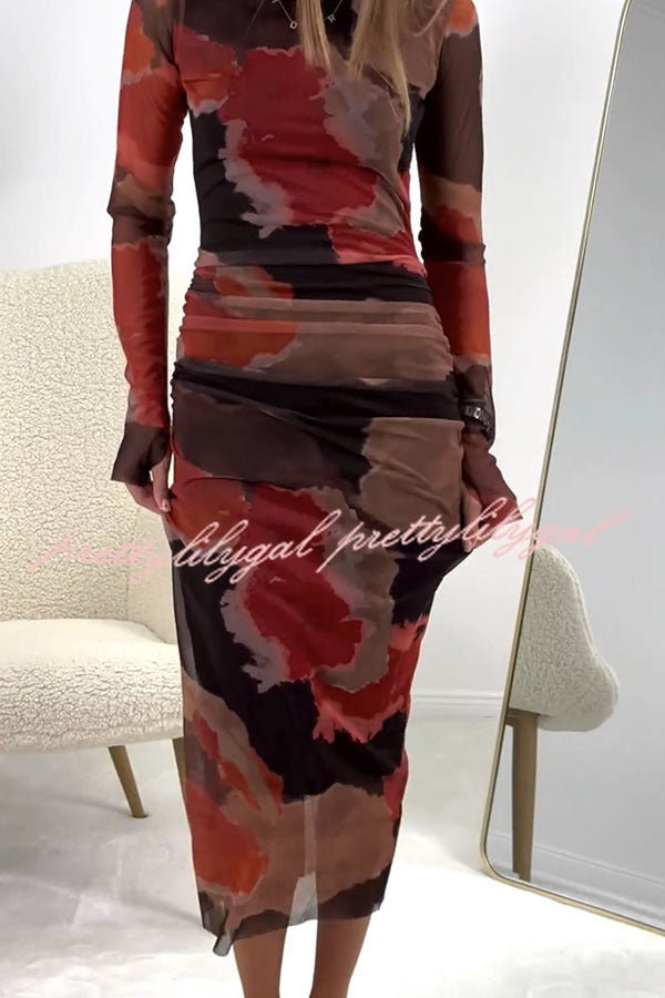 The Budapest Mesh Splash Ink Tie Dye Print Ruched Midi Dress