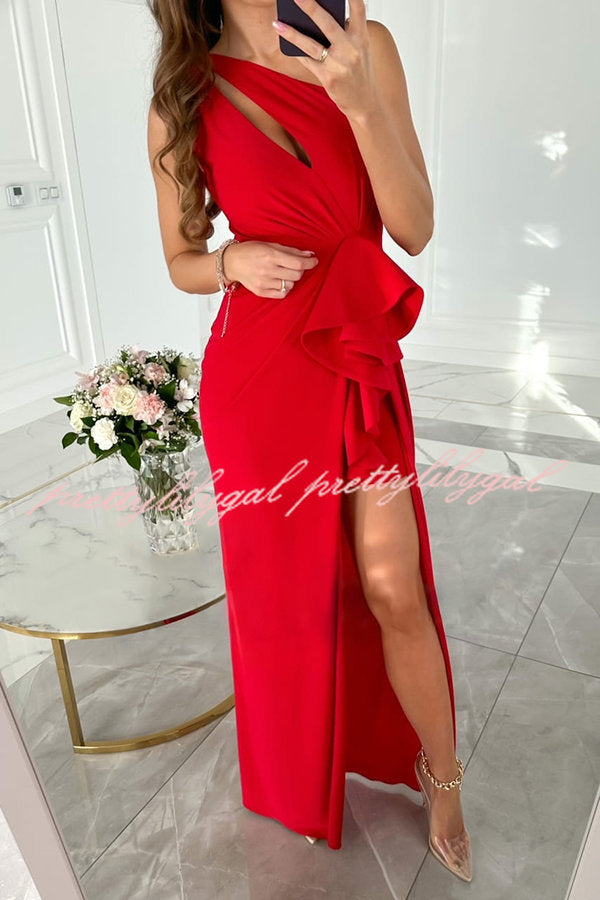 Forever Luxe One Shoulder Cutout Ruffle Split Maxi Dress