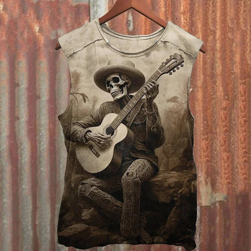 Men's Halloween Hip Hop Skull Guitar Player Print Vest