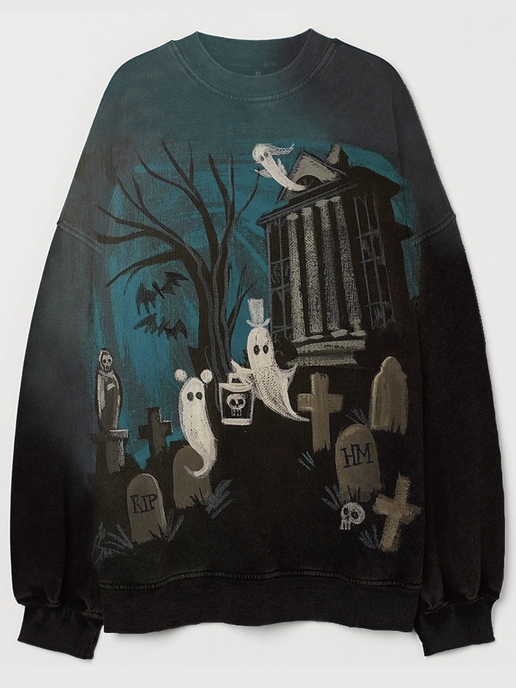 Vintage Halloween Haunted House Art Washed Sweatshirt