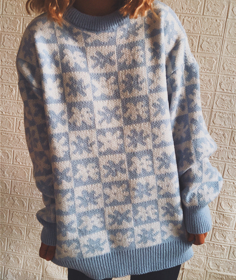 Casual Floral Plaid Round Collar Long Sleeve Loose Knit Sweater