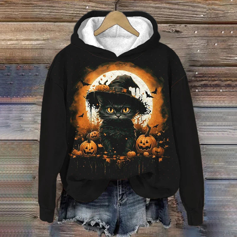 Halloween Black Cat Pumpkin Print Casual Hoodie