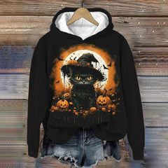 Halloween Black Cat Pumpkin Print Casual Hoodie