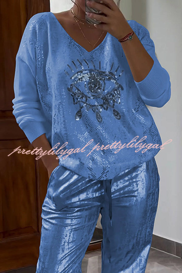 Three-dimensional Eye V-neck Long-sleeved Hot Stamping Top