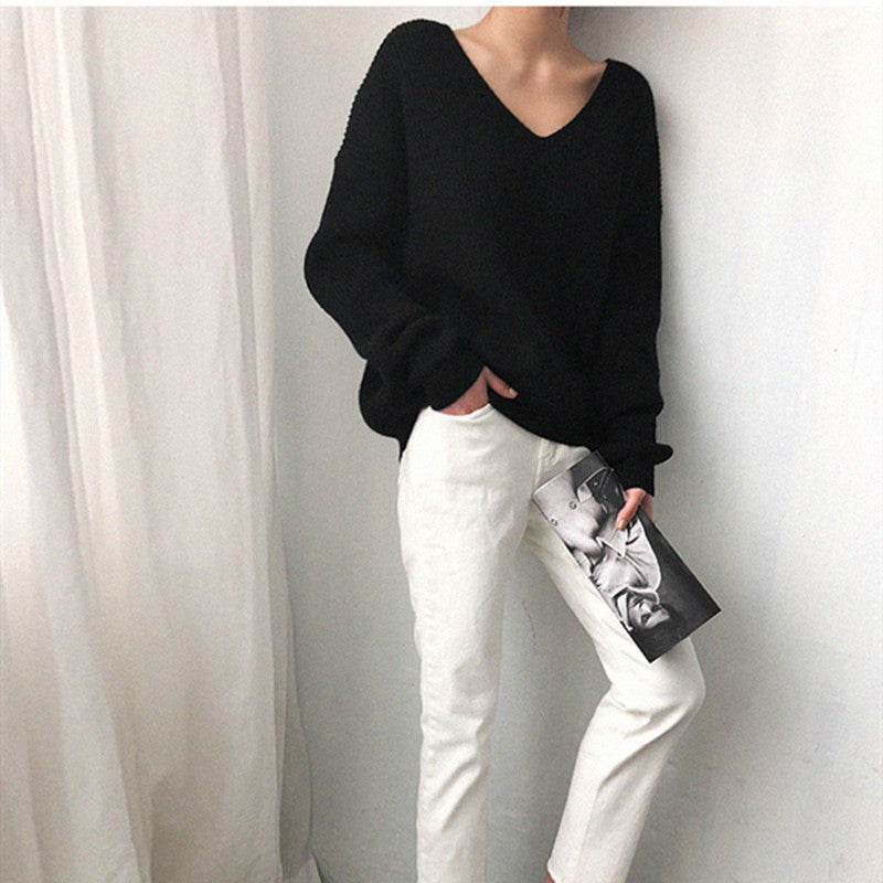 V-Neck Simple Irregular Pullover Sweater