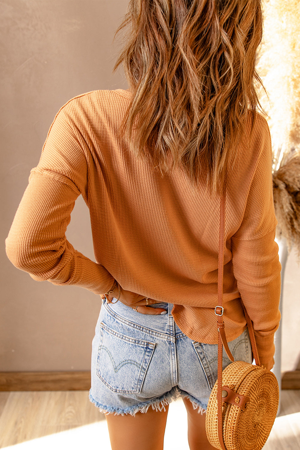 Women's Orange Waffle Knit Henley Top