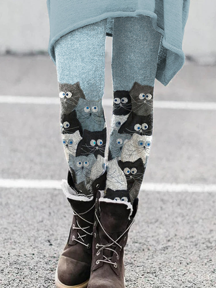 Denim Patchwork Cats Pattern Cozy Leggings
