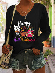 Skull Turkey Santa Print Long Sleeve T Shirt