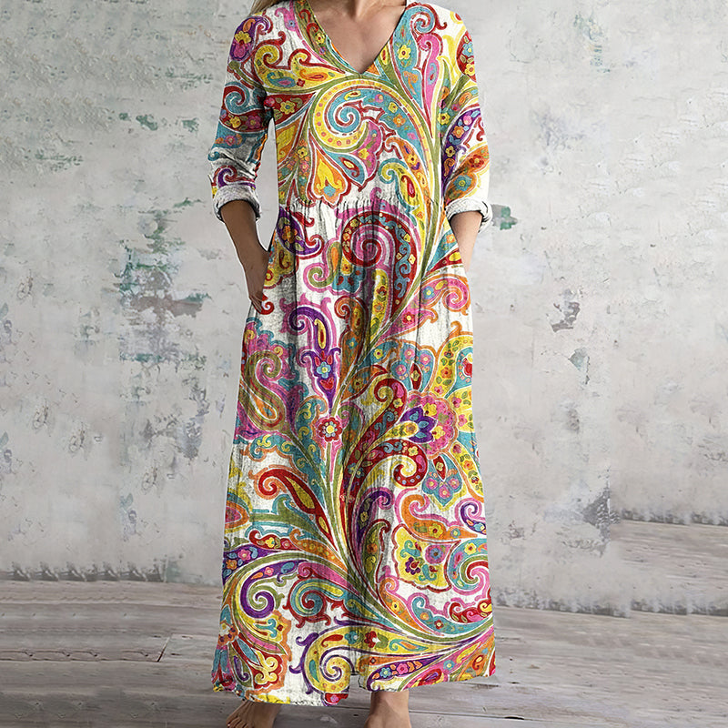 Ethnic Print V-Neck Loose Midi Dress