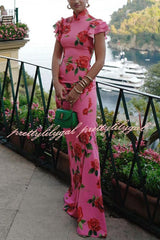 Cheongsam Style Rose Floral Print Tiered Flare Sleeve Stretch Maxi Dress