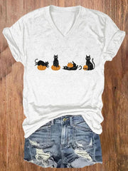 Halloween Pumpkin And Cats Printe Casual T-Shirt