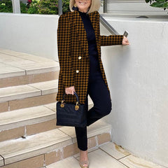 Casual Mid Length Houndstooth Print Suit Collar Woolen Coat