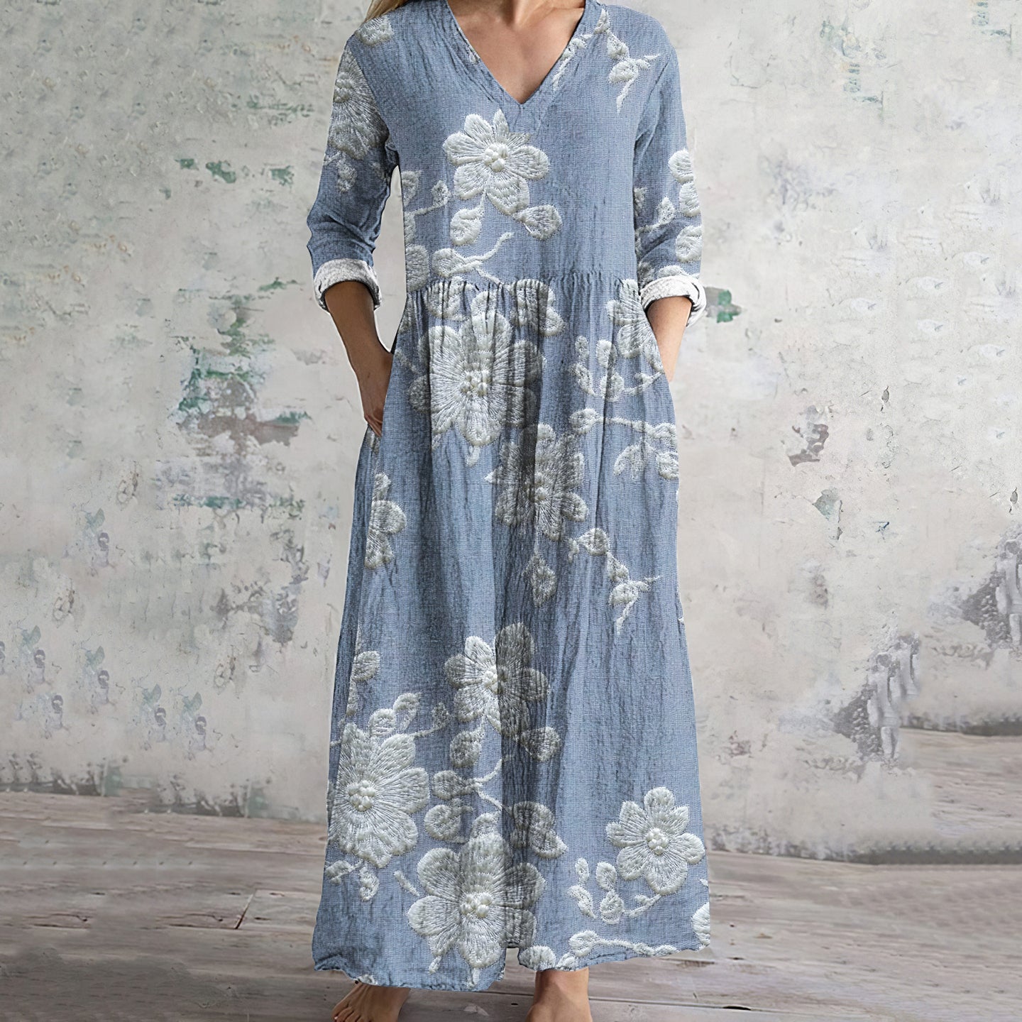 Embroidered Flower Print V-Neck Midi Dress