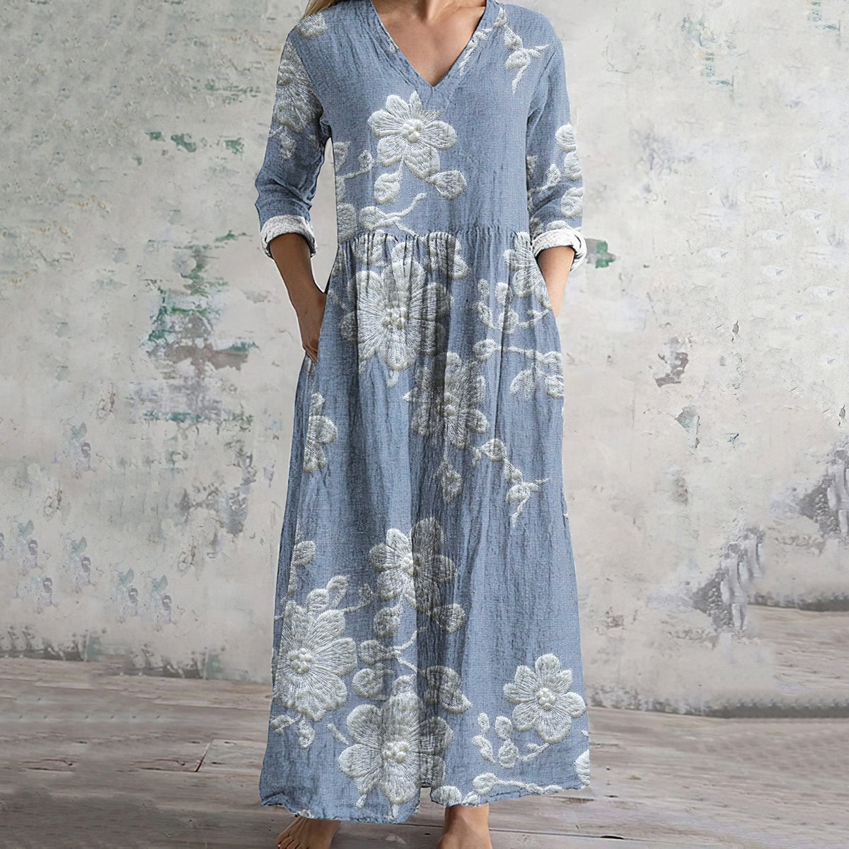 Embroidered Flower Print V-Neck Midi Dress