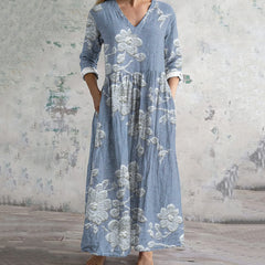 Embroidered Flower Print V-Neck Midi Dress