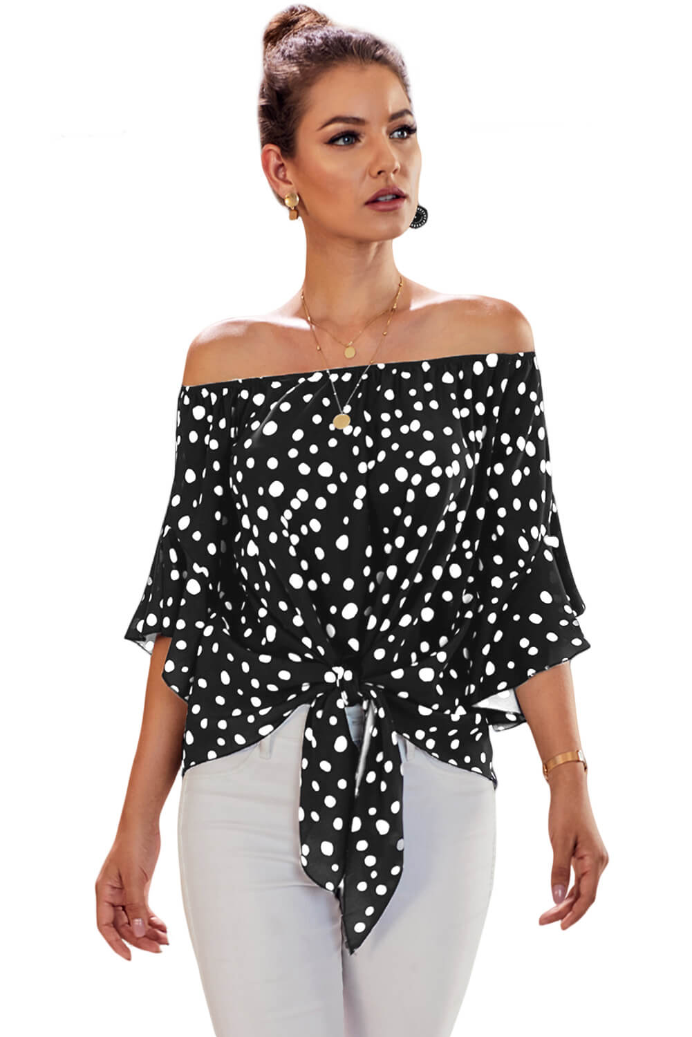Women's Black Polka Dot 3/4 Bell Sleeve Front Tie Knot Off Shoulder Top