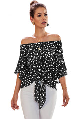 Women's Black Polka Dot 3/4 Bell Sleeve Front Tie Knot Off Shoulder Top