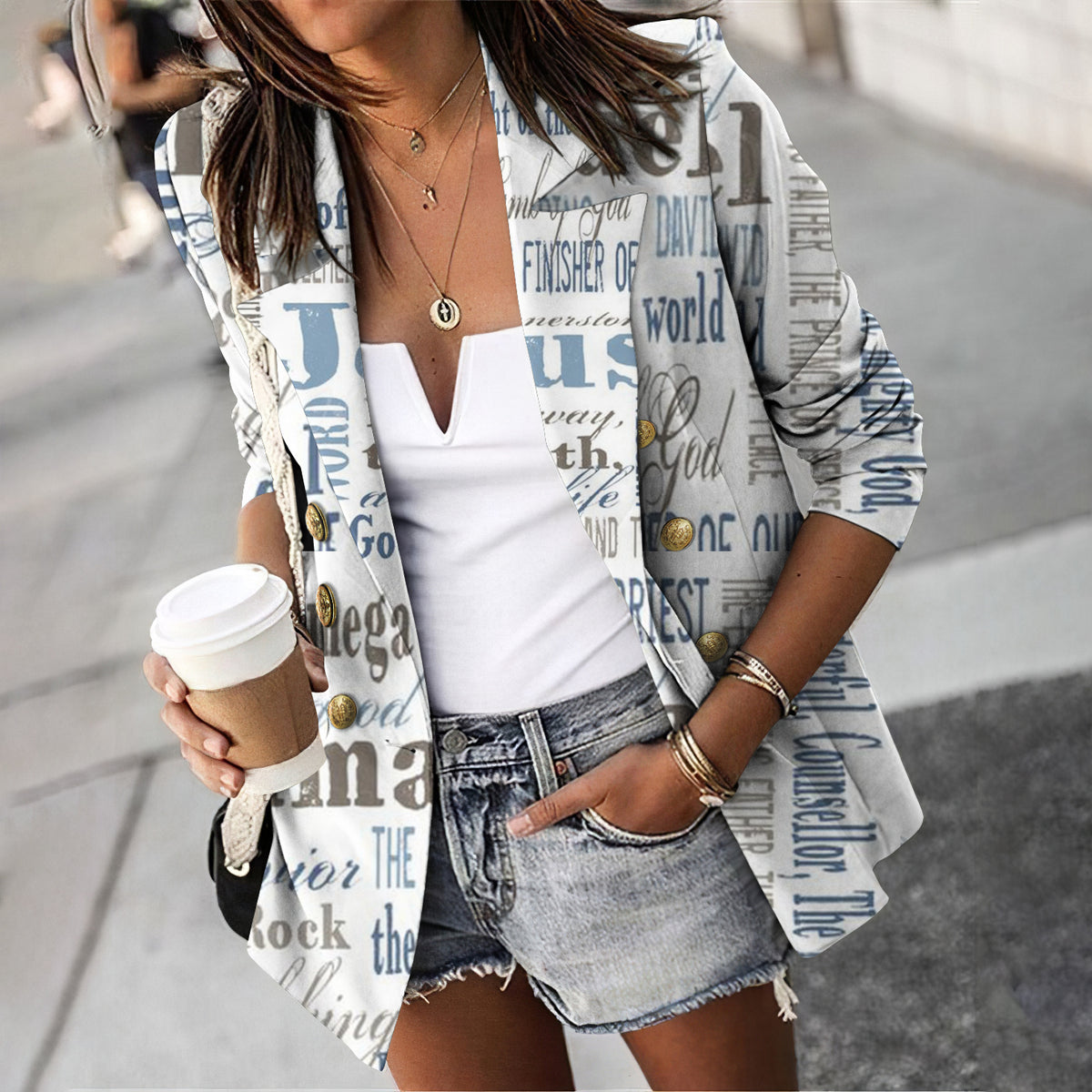 Jesus Letter Print Lapel Button Down Long Sleeve Blazer