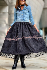 Timeless Luxury Tulle 3D Embroidered Flowers Elastic Waist Large Hem Midi Skirt