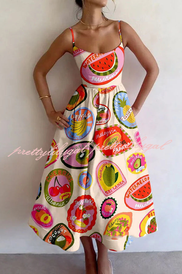 Colorful Unique Printed Sexy Suspender Slim Midi Dress