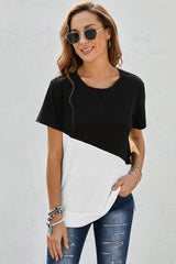 Women's Black Crew Neck Colorblock Short Sleeve Tee
