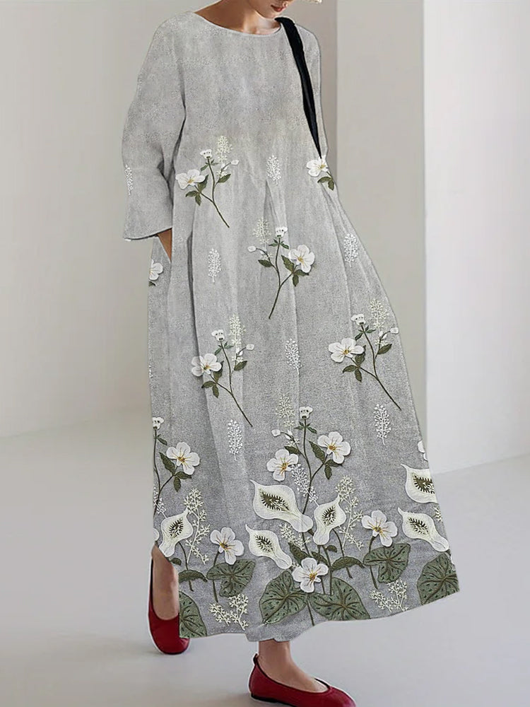 Elegant Floral Embroidered Women's Linen Long Dress
